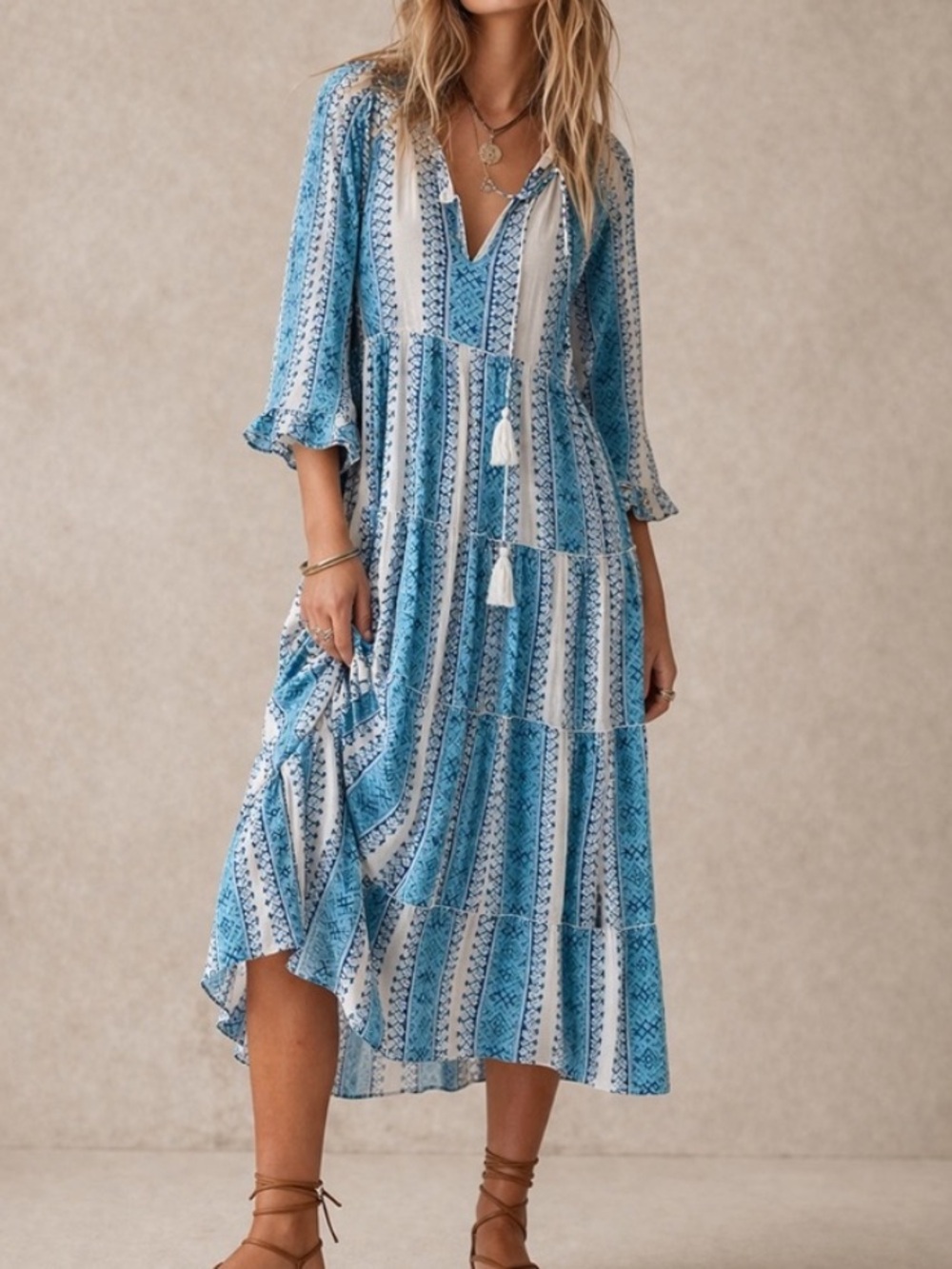 D146 - En Cream Flowy Boho Aztec Print MIDI Dress Tassels White & Blue